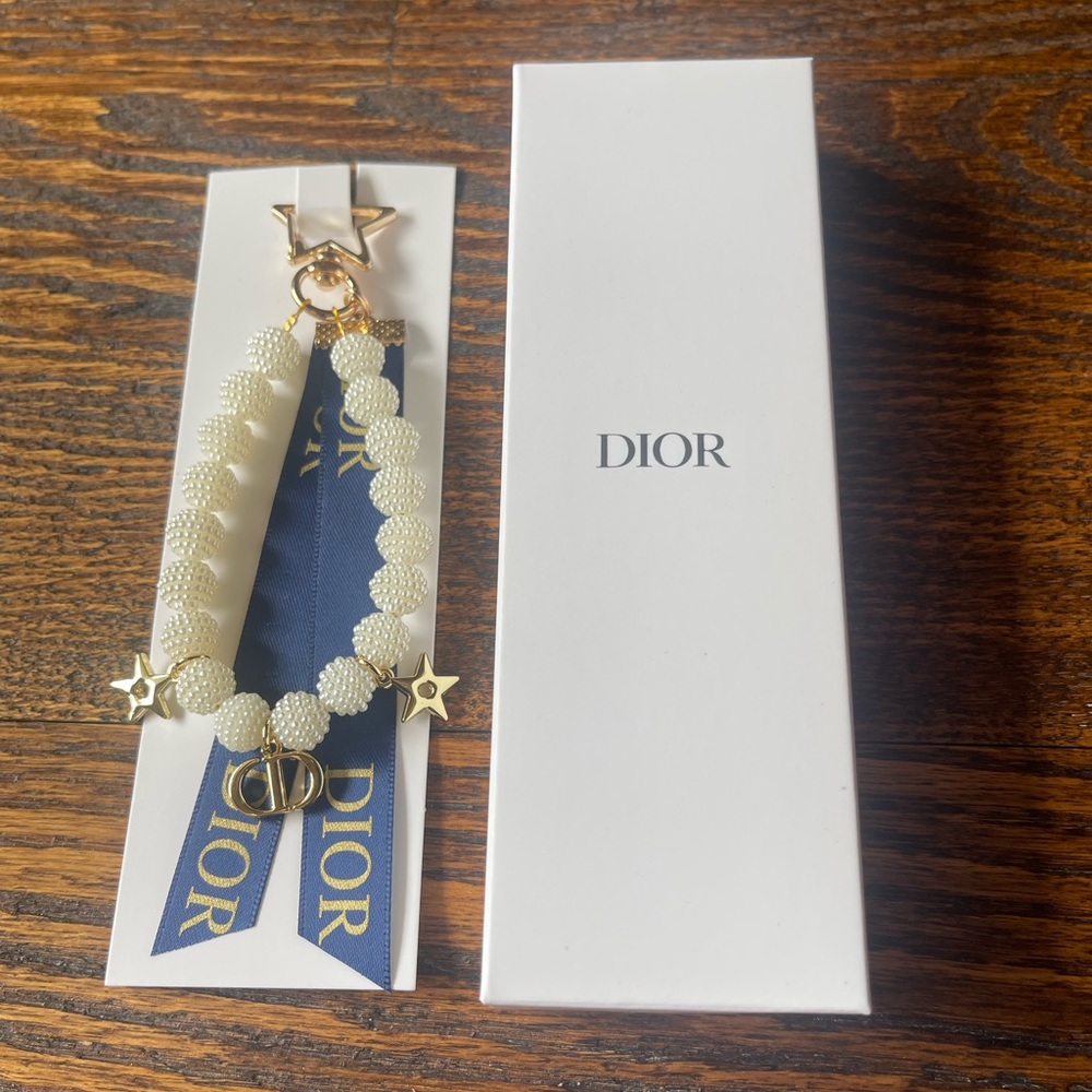 Dior Cream Beaded Purse charm or Key Chain with Gold Stars